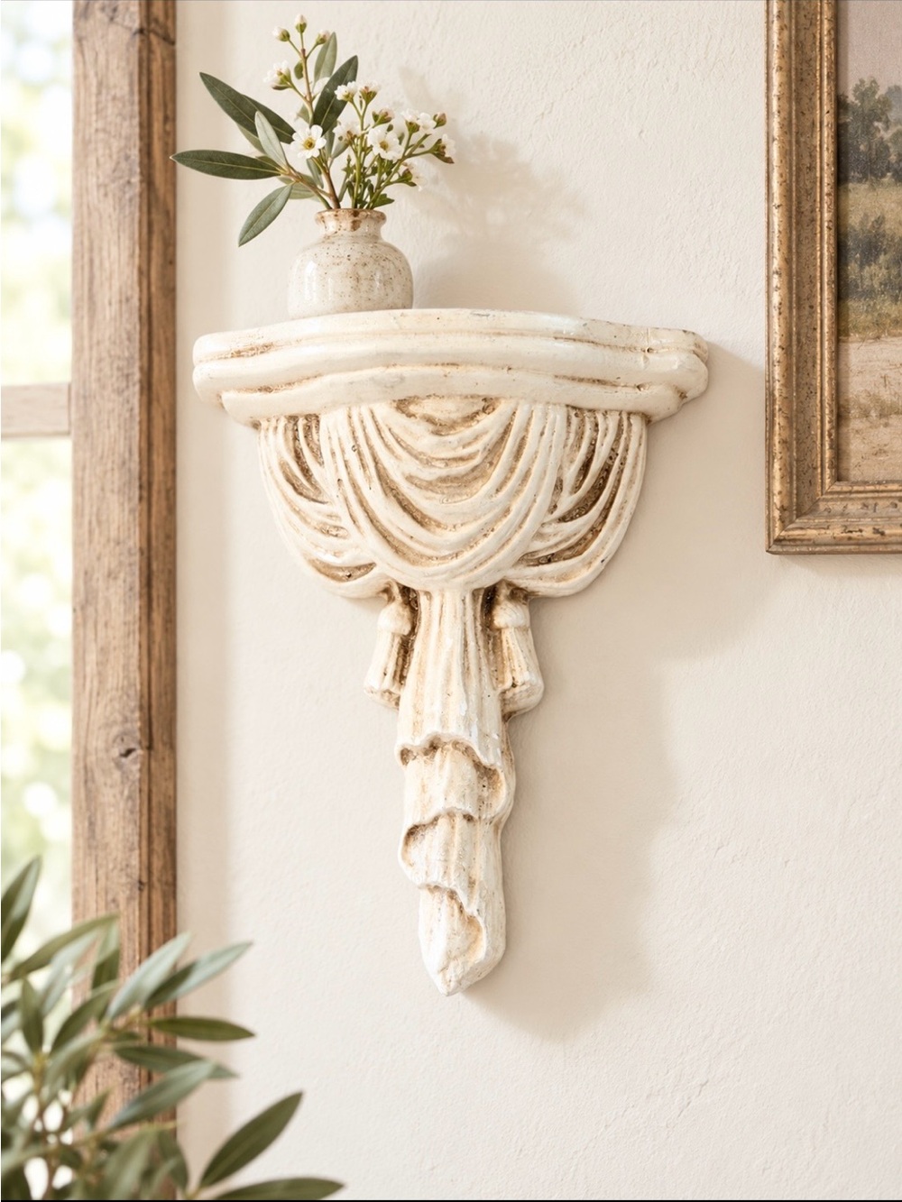 Vintage Chalkwear Swag Draped Wall Sconce Shelf. Distressed | Old World | Heavy